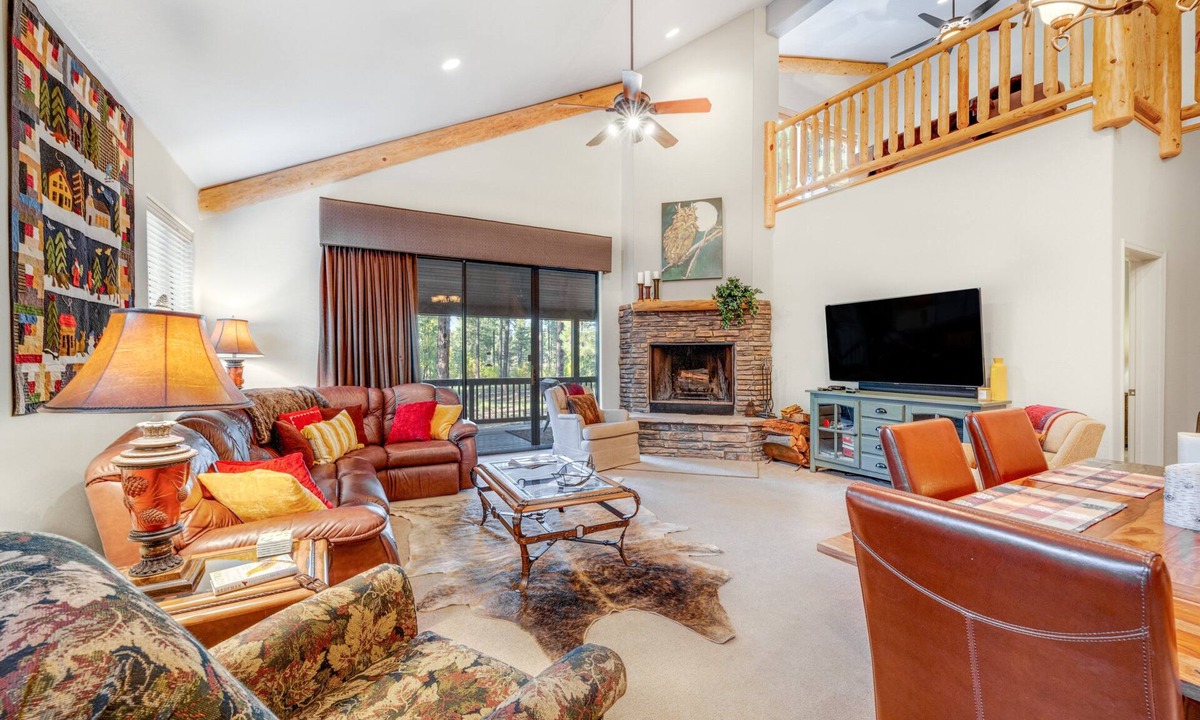 Pinetop House | Hideaway in the pines with pool table, covered deck, fireplace, grill, & W/D