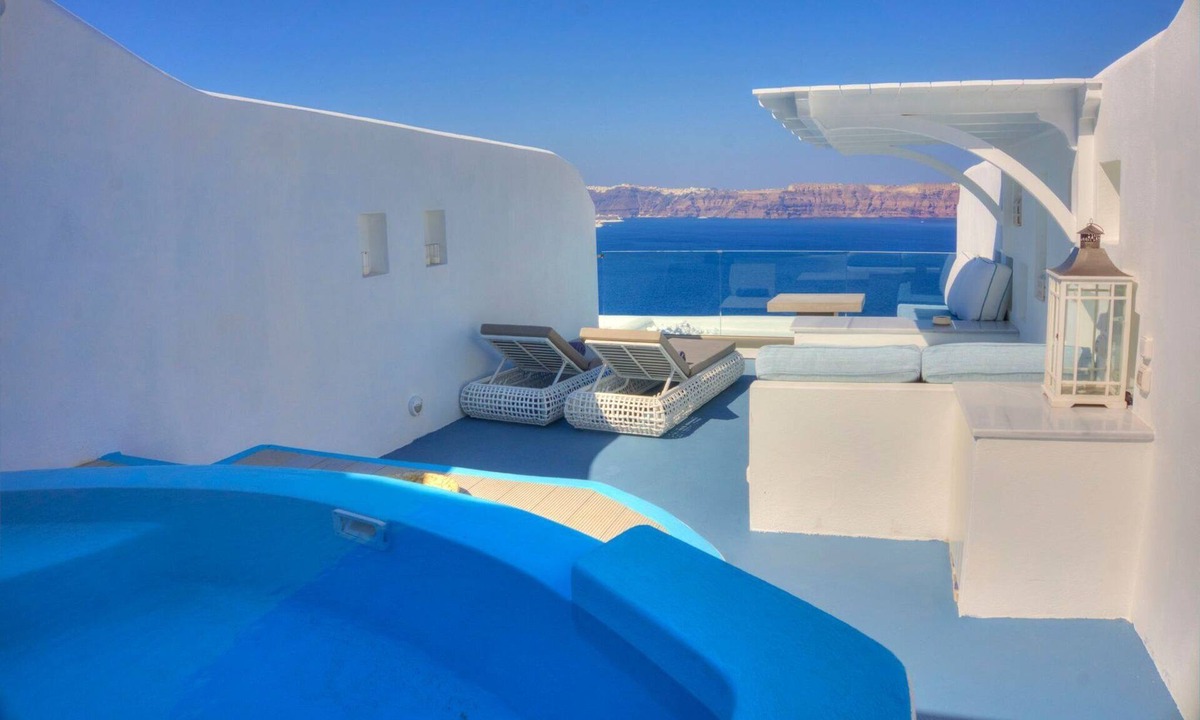 Akrotiri Apartment | Thessyne Suite, Divine Sea and Caldera Views, Furnished Terrace, Indoor.