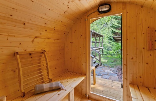 Hillsville Cabin | Cozy creekside cabin w/wraparound covered deck and barrel sauna
