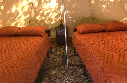 Three Rivers RV Rental | Sequoia Jewel -16 Foot Bell Tent with double beds. 4.5 to Sequoia National Park.