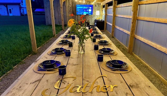 Gather at Hector Meadows Ranch: 4 curated spaces with fire pits, games and swimming pond!