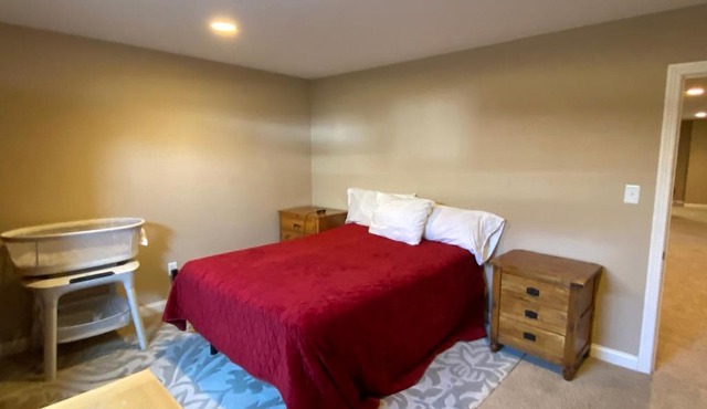 Private basement bedroom with private bathroom, kitchen, and living room with large screen television